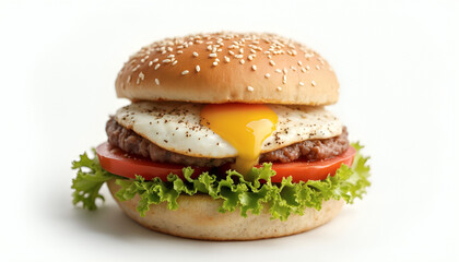 tasty burger with salad, meat, tomatoes and fried egg isolated on white background