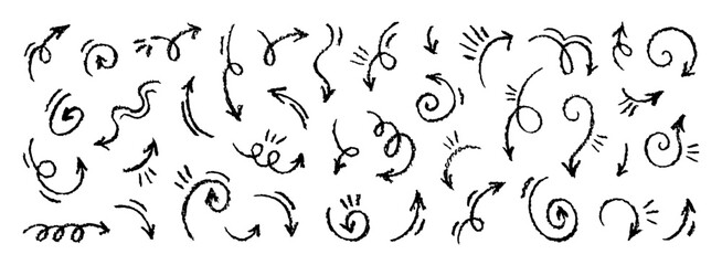 Arrow vector. Hand drawn line icon set. Brush curve doodle arrow. Sketch up down marker, crayon, black stroke background. Vector line scribble. Direction point hand drawn icon bg. Brush marker design