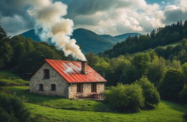 idyllic rustic house with smoking chimney surrounded by lush green forest hills
