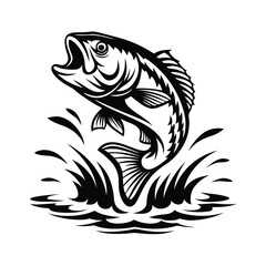 Leaping Fish Silhouette with Open Mouth, Water Splash Design on Isolated White