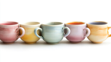 Row of five hand painted mugs in soft colors