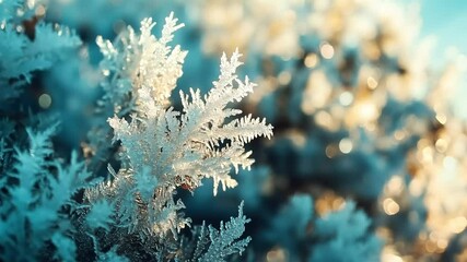 A magical, loopable macro of frost crystals coating delicate twigs at dawn - Powered by Adobe