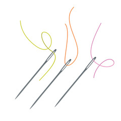 Sewing needles are displayed with brightly colored threads passed through their eyes