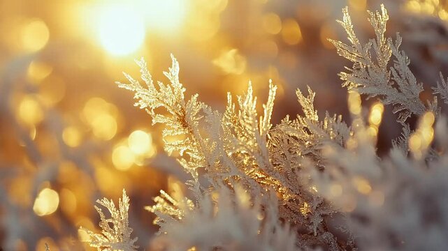 Seamless loopable macro animation of frost crystals forming on delicate twigs at dawn. - Powered by Adobe