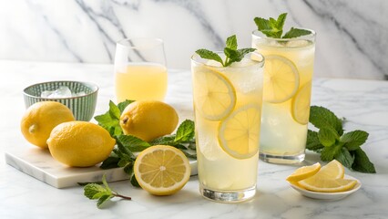 Fototapeta premium Refreshing homemade lemonade with fresh mint and ice, cold citrus beverage in tall glasses, bright summer drink on white marble background