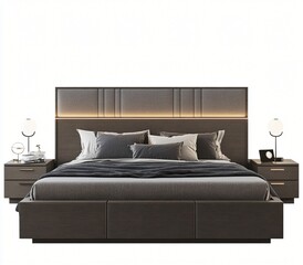 Modern Dark Wood Platform Bed with Upholstered Headboard and LED Lighting Bedroom Furniture Set