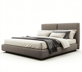 Modern Upholstered Platform Bed with Gray Fabric Headboard and Crisp White Linens Perfect for a Relaxing Bedroom Design