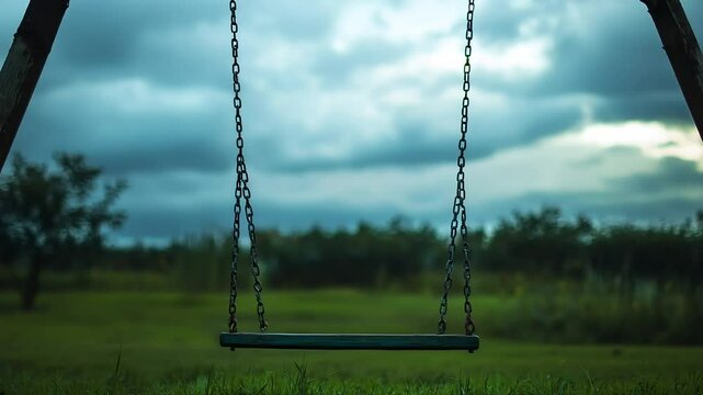 Subtle, continuous animation of an empty swing swaying gently in a misty park at dusk.