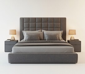Modern bedroom interior design featuring a stylish upholstered bed with gray linen bedding and bedside tables