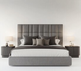 Modern Upholstered King Size Bed in a Minimalist Bedroom Setting with Nightstands and Lamps