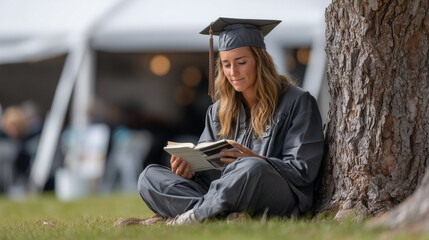 Scholar's Reflection: A graduating student sits under the shade of a tree, immersed in a book, embodying the spirit of knowledge and contemplation.