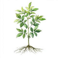 Fototapeta premium Green Plant with Leaves and Roots on White Background