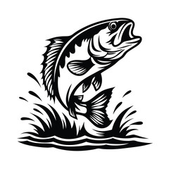 Naklejka premium Black and White Leaping Bass Fish, Water Splash Silhouette, Open Mouth, Sharp Fins