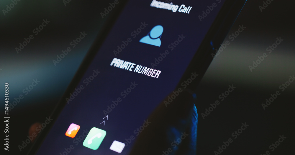 Aufkleber incoming call, phone screen and hand with private number communication icon for phishing scam contac