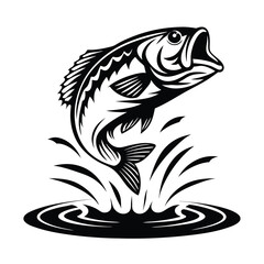 Jumping Largemouth Bass Illustration, Black and White, Water Splash, Aquatic Animal