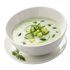 Chilled cucumber and yogurt soup on white bowl on white background