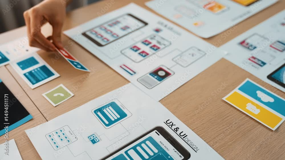 Poster panorama video of startup company employee planning on user interface prototype for mobile applicati