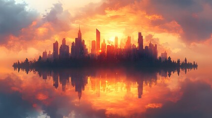 Surreal concept art of a floating inverted city skyline
