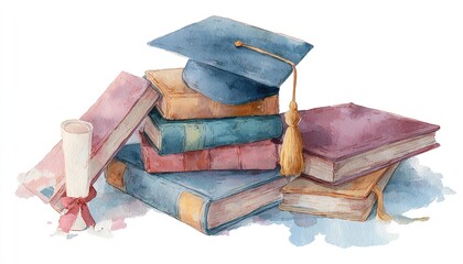 watercolor graduation books cap gown diploma celebration. High quality. High quality