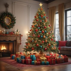 Ornate Christmas tree, vibrant gifts, festive cheer, joy, winter holidays
