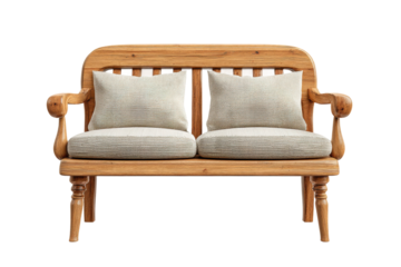PNG Wooden bench with cushions: comfortable seating with rustic design