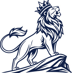 Majestic Crowned Lion Standing on Rock - Royal Line Art Vector

