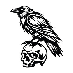 Detailed Monochrome Raven Perched on a Human Skull, Stylized Black Silhouette Design