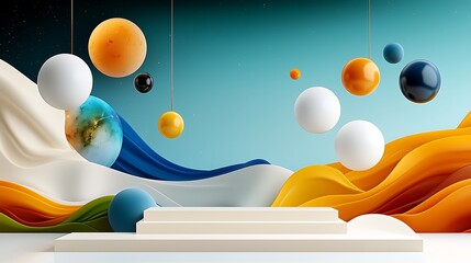 there are many balls that are floating in the air near a stage