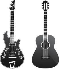 Two stylish black guitars showcasing different designs and shapes.