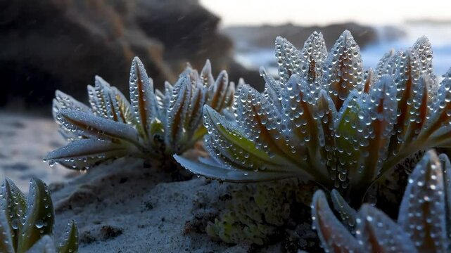 Close-up of halophyte plants growing in salty coastal areas, with the leaves glistening under ocean spray.
