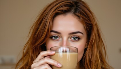 Woman drinking milk, a refreshing and healthy beverage choice for enhanced wellness