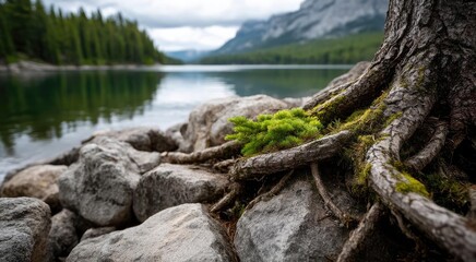Fototapeta premium Scenic view of lake in pine forest with tree and rock concept. A serene lakeside view showcasing tree roots and rocky shoreline.