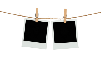 Two blank Polaroid photo frames clipped to a rope with wooden pegs, isolated on transparent background, perfect for nostalgia-themed designs, scrapbooks, or memory placeholders.