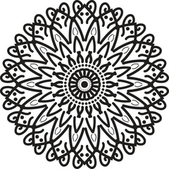 Black and White Mandala Design with Geometric and Floral Elements: A captivating symmetrical mandala with intricate geometric patterns, showcasing black lines on a white background, inviting contempla