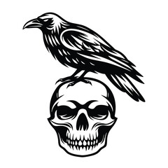 Monochrome Raven Perched Atop Skull Tattoo Illustration, Isolated on White Background