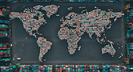 Aerial view of world map made of shipping containers in a port with stacked containers around it