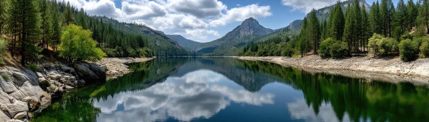 Scenic view of lake in pine forest near beautiful mountain concept. Stunning lake reflecting mountains and clouds in peaceful scenery.