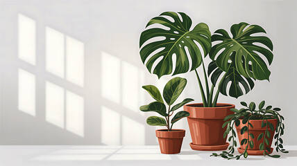 Fototapeta premium Houseplants in terracotta pots sunlight shadows