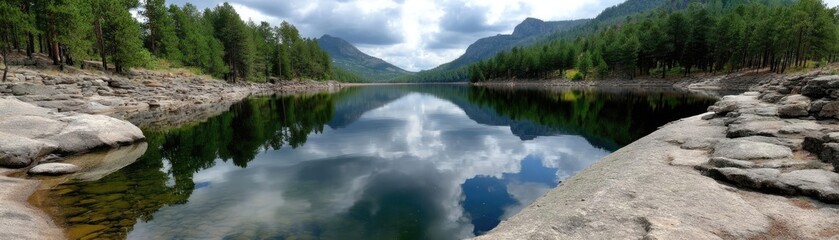 Scenic view of lake in pine forest near beautiful mountain concept. A serene lake reflecting mountains and clouds in a tranquil setting.