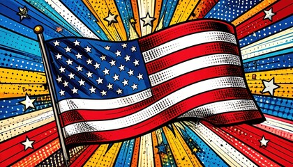 American flag waving, vibrant patriotic illustration