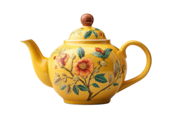 PNG Yellow floral porcelain teapot with lid and elegant botanical design