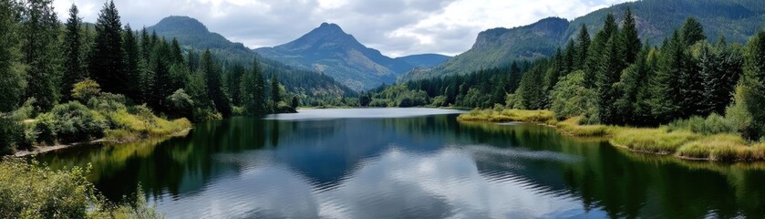 Fototapeta premium Scenic view of lake in pine forest near beautiful mountain concept. Serene lake view surrounded by majestic mountains and lush forests.