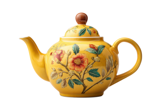 PNG Yellow floral porcelain teapot with lid and elegant botanical design