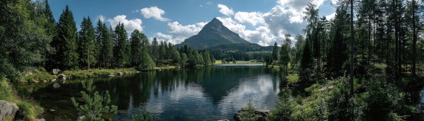 Scenic view of lake in pine forest with water and mountain concept. A tranquil mountain lake surrounded by lush green forest.