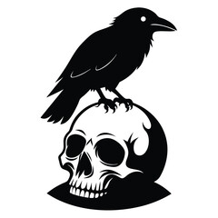 Black Raven Perched on Detailed Skull, Isolated on White Background, Monochrome Style