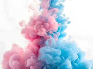 Fototapeta premium Abstract pink and blue ink clouds swirling in water, creating a dreamy and ethereal effect against a white background