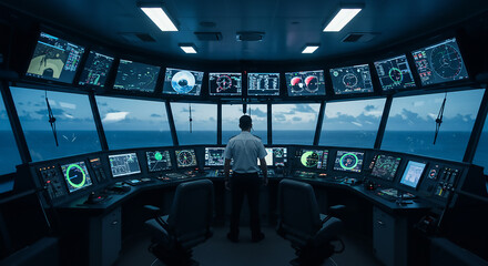 A captain stands at the helm of a ship surrounded by navigation screens and ocean views at dusk or dawn