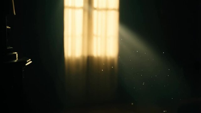 Golden sunbeam entering a dark room through a window with dust particles floating in air