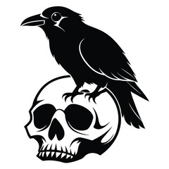 Black Silhouette Raven Perched on Skull Bird, Skull, Death Symbol Isolated Art