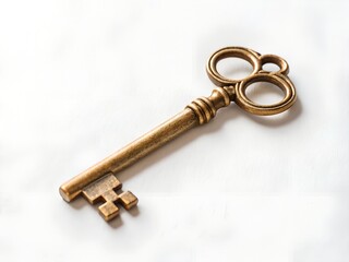 photograph vintage brass key resting on seamless white surface